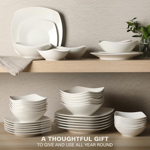 Gibson Home Brentwood 40-Piece Dinnerware Set – Square White Porcelain Plates and Bowls, Service for 8, Dishwasher & Microwave Safe, Modern Everyday Dinner Set with Cereal, Dessert, and Entrée Bowls - Image 4