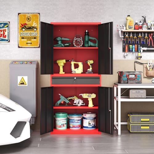 Metal Garage Storage Cabinet with Locking Doors and Drawer, 71" Steel Tool Storage Cabinet with Adjustable Shelves for Garage,Office,Warehouse (Red Black) - Image 5