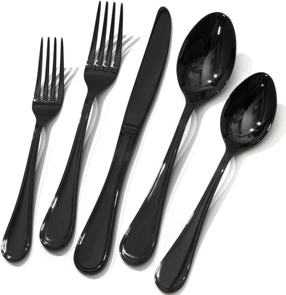 18/10 Stainless Steel Silverware Set for 12, 60 Piece Black Flatware Set by KINGSTONE