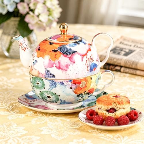 KAMMAK Tea for One Set, Ceramic Teapot, Bone China Tea Set, Cup and Saucer - Image 3
