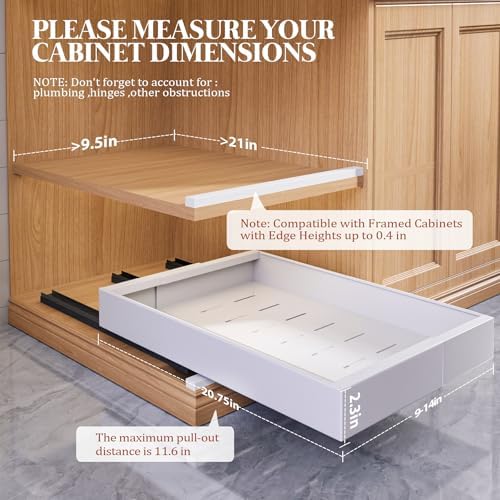 Seinloes 4 Pack Expandable Pull Out Cabinet Organizer 21" Deep With Raising Pad for Framed Cabinets,Upgrade 3 Slide Rails Slide Out Drawers,No Drill Roll Out Shelves,Adjustable Width 9"-14" White - Image 3