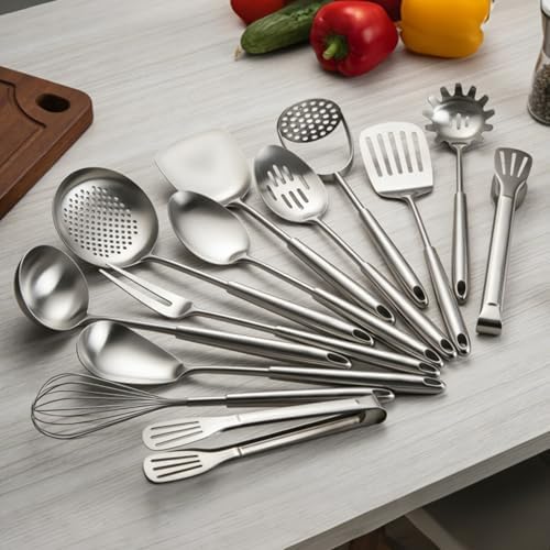304 Stainless Steel Cooking Utensils Set, 13 PCS Long Large Metal Cooking Utensil Tools Set, Mirror Polished Kitchen Gadget Cookware and Kitchen Tool Set, Dishwasher Safe - Image 2