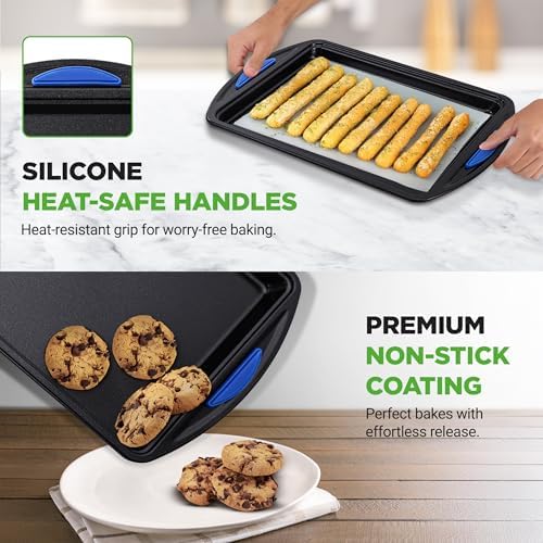 NutriChef 3-Piece Nonstick Cookie Sheets for Baking – Carbon Steel Stackable Bakeware Set w/ Silicone Handles - Non Toxic Baking Pan - Durable & Wrap Resistance, Oven Safe - Easy cleanup - Image 6