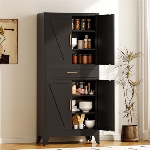 COFaR 71" Metal Pantry Cabinet with Drawer, Black Storage Cabinet with Adjustable Shelves, 3-Section Industrial Cupboard for Kitchen & Office by COFAR