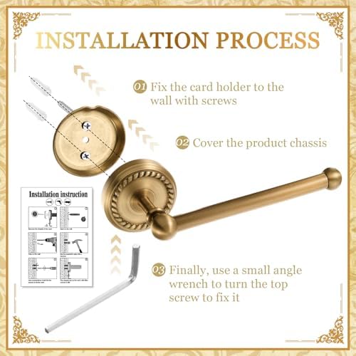 4 Pcs Antique Brass Gold Bathroom Accessories Set Wall-Mounted Towel Rack & Towel Ring & Toilet Paper Holder & Robe Hook, Wall Mounted Brass Vintage Bath Hardware Fixture Set(Style 1) - Image 4