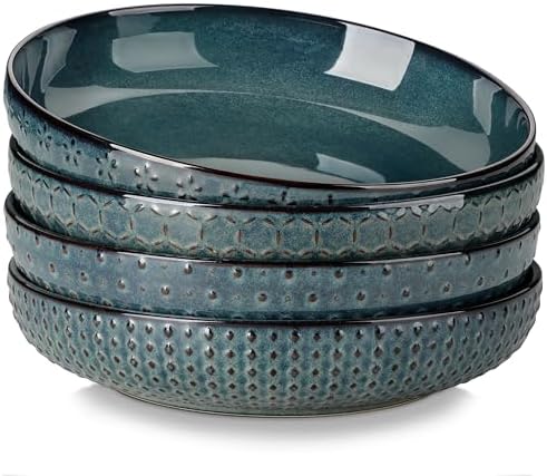 MALACASA 48 Oz Large Pasta Bowls, 9.5 Inch Ceramic Salad Bowls Serving Bowls, Wide and Shallow Plates Pasta Plates, Modern Relief Design, Microwave & Dishwasher Safe, Set of 4, Green, Series LYDIA by MALACASA