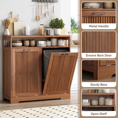 Pet-Proof Double 13 Gallon Tilt Out Trash Can Cabinet with Open Storage – Hide Garbage & Recycling Bins to Keep Your Kitchen Clean and Organized,Walnut - Image 4