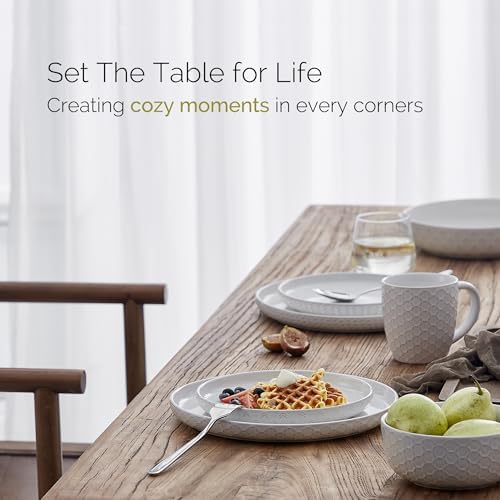 Stoneware Dinnerware Sets Service for 4, 12 pcs Reactive Glaze Plates and Bowls Sets, Embossed Boho Ceramic Dish Set, Highly Chip and Crack Resistant Farmhouse Plate Set, Ivory White - Image 2