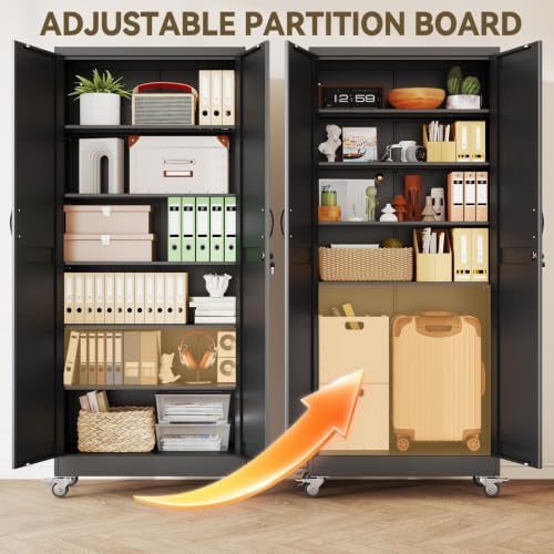 Metal Storage Cabinets with Wheels, Steel Tool Cabinets Lock Door and 5 Adjustable Shelves for Home Office, Garage, Kitchen (Black, 74.8" H) - Image 4