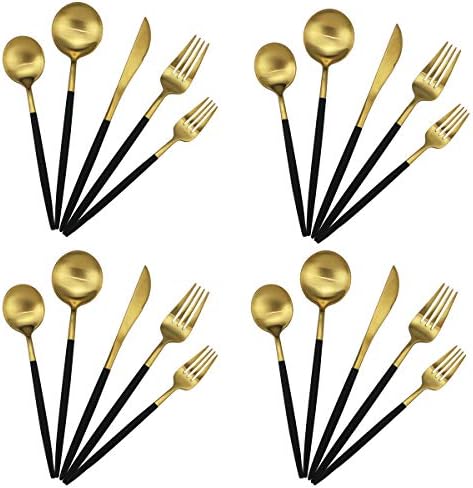 20-Piece 18/10 Stainless Steel Flatware Silverware, Luxury Dinnerware Set Travel Cutlery Tableware Include Knife Fork Spoon Service for 4, Dishwasher Safe (Black Handle Matte Gold) by Gugrida