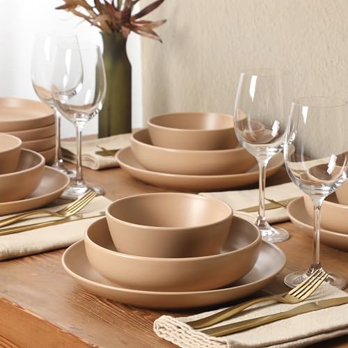 Gibson Elite Leeds Court Plates and Bowls Sets, 16-Piece Stoneware Dinnerware Sets, Terracotta, Round Speckle Reactive Glaze Dish Set - Image 6