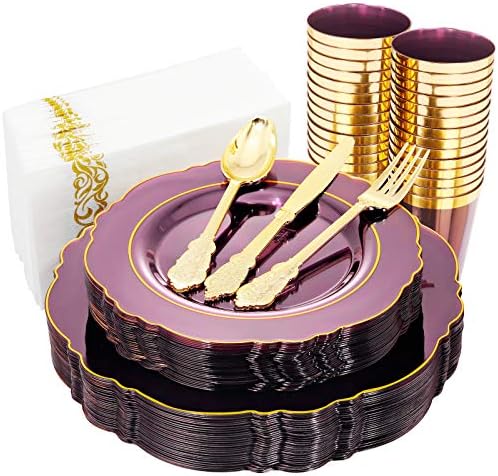 KIRE 210Pcs Purple Plastic Plates with Gold Rim& Silverware &Cups&Hand Napkin - Baroque Clear Plastic Dinnerware for Upscale Wedding/Parties Plates by KIRE