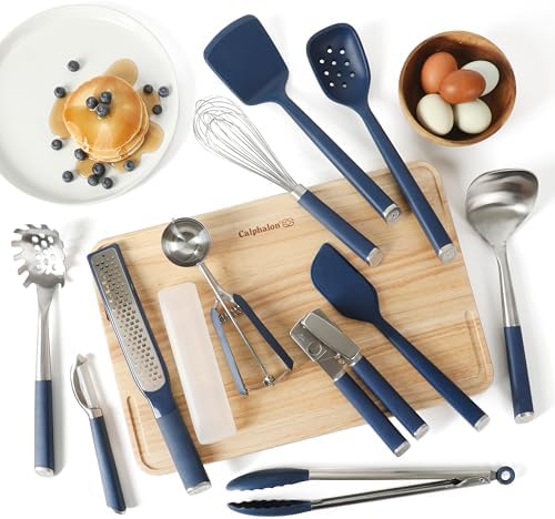 Calphalon Edge 11-Piece Silicone and Stainless Steel Kitchen Tool Set, Kitchen Utensil Set, Heat Resistant Nonstick Safe Kitchen Gadgets with Non-Slip Handle, Durable Kitchen Gadgets (Navy Blue) - Image 2