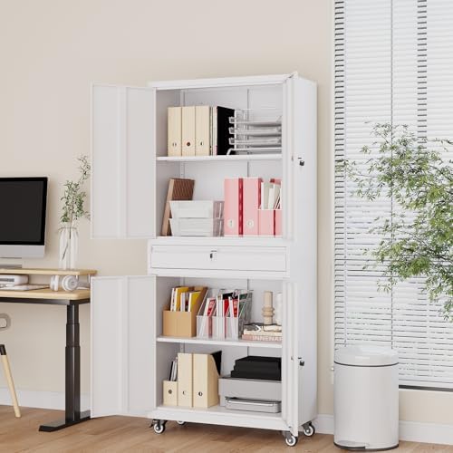73" Metal Garage Storage Cabinet with Wheels， Rolling Tool Storage with Locking Doors， Adjustable Shelves and Drawer, Heavy Duty Steel Tool Cabinet for Garage, Warehouse, School(White) - Image 6