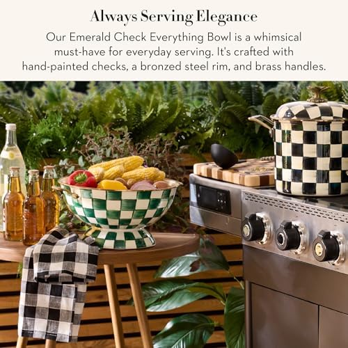 MACKENZIE-CHILDS Enamel Everything Bowl, Decorative Serving Bowl with Handles, 26-Cup Capacity, Green-and-White Emerald Check - Image 2