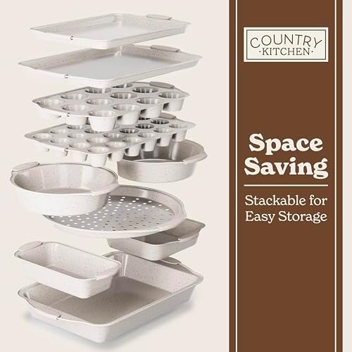 Country Kitchen Nonstick Stackable Bakeware Set - Heavy Duty, Durable, Easy Release Baking Set, Cream, 10 Pcs - Image 7