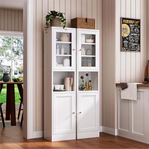 YAUWOH Metal Storage Cabinet with Glass Door, Tall Slim Pantry Organizer with 3 Adjustable Shelves (120LBS/Shelf), Anti-Tipping Waterproof Cabinet for Kitchen/Home Office/Small Spaces,(1PC,White) - Image 2