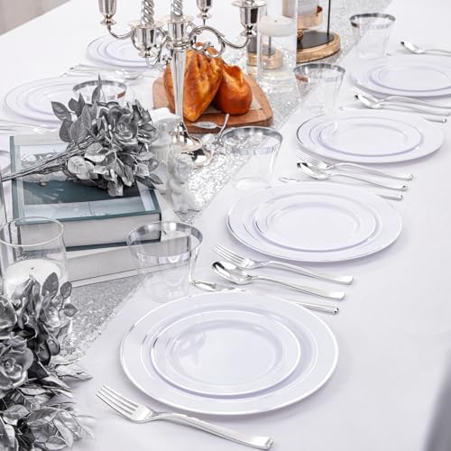 WELLIFE 300Pcs Silver Elegant Plastic Dinnerware Set for 50 Guests - Premium Disposable Party Supplies Includes Dinner Plates, Salad Plates, Cups & Flatware Set for Wedding, Anniversary, Banquet - Image 5