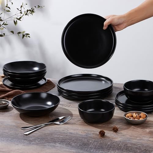 LIANYU 16 Piece Dinnerware Sets with Double Bowls for 4, Black Onyx - Image 6