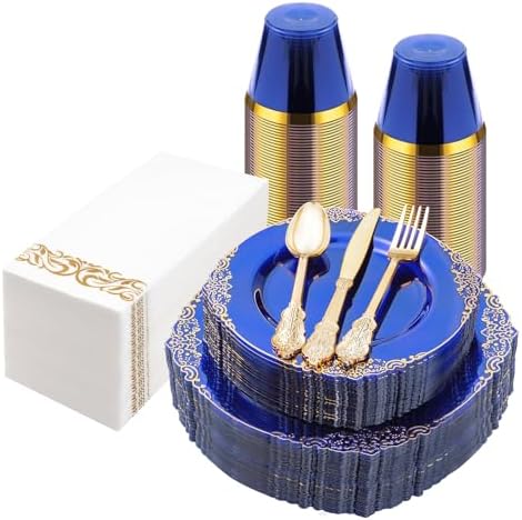 Bestluck 175PCS Clear Blue Plastic Plates for 25 Guests by Bestluck