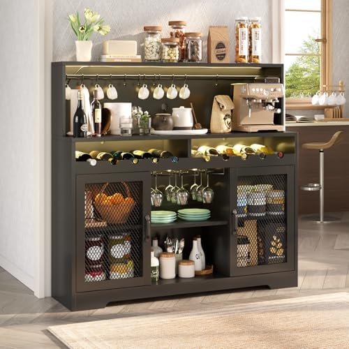 Loomie Wine Bar Cabinet with LED Light, Liquor Cabinet with Glass Holder, Coffee Bar for Liquor, Storage Buffet with Wine Racks, Wine Cabinet with Mesh Door (Black) - Image 3