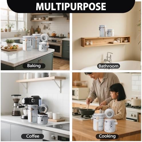 4 Piece Airtight Ceramic Canister Set With Attached Wooden Spoon Reusable Chalk Labels For Dry Goods Sugar Coffee Tea Kitchen Storage Use (Marble) - Image 3