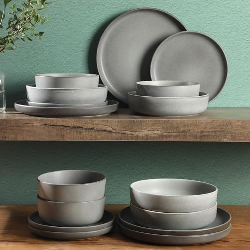 Gibson Elite Pasco 16 Piece (Service for 4) Plates and Bowls Double Bowl Reactive Glaze Dishes Stoneware Ceramic Dinnerware Set - Grey - Image 4