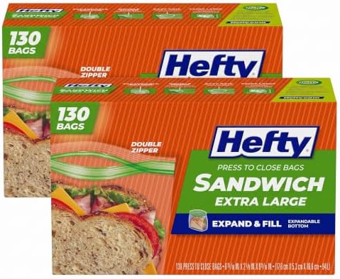 Hefty XL Press to Close Plastic Sandwich Expand and Fill Food Storage Bags, 130 Count (Pack of 2) by Hefty