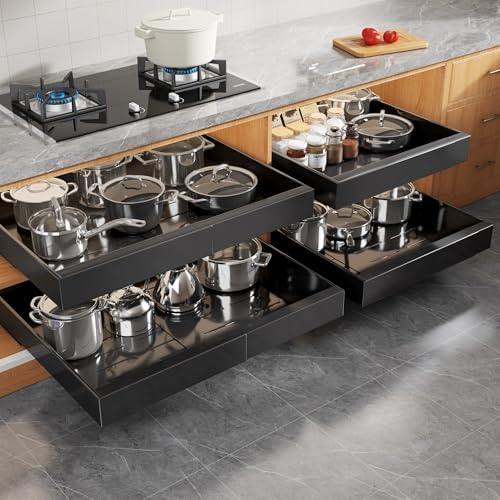Seinloes 4 Pack Expandable Pull Out Cabinet Organizer 21"Deep With Raising Pad for Framed Cabinets,Upgrade 3 Slide Rails Slide Out Drawers,Roll Out Shelves Adhesive,Adjustable Width 15.15"-26.3" Black by Seinloes