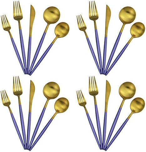 20-Piece 18/10 Stainless Steel Flatware Silverware, Luxury Dinnerware Set Travel Cutlery Tableware Include Knife Fork Spoon Service for 4, Dishwasher Safe (Purple Handle Matte Gold) by Gugrida