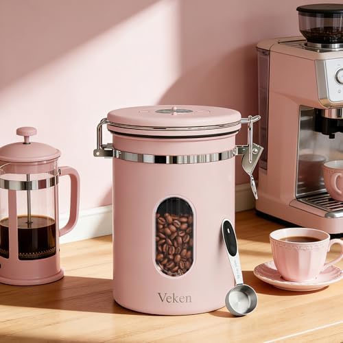 Veken Coffee Canister with Window, Airtight Stainless Steel Container,Date Tracker, Kitchen Food Storage Jars for Beans, Ground, Espresso, Rice,Tea, Sugar, Cereal, Gifts, Scoop, Pink, 22OZ (Pack of 2) - Image 3