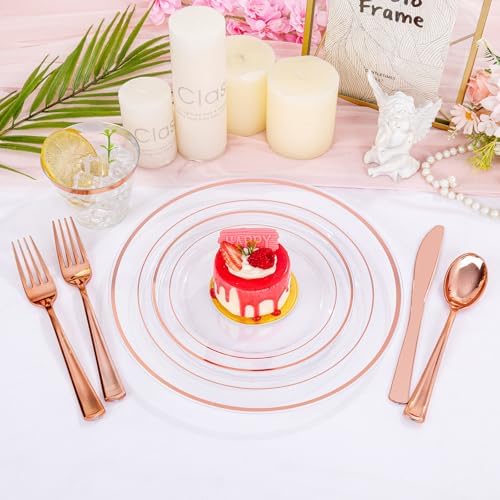 bUCLA 300PCS Rose Gold Plastic Dinnerware - Clear Dinnerware Set Disposable Include 50 Dinner Plates,50 Dessert Plates,50 Knives,50 Forks,50 Spoons,50 Cups for Party & Wedding - Image 3