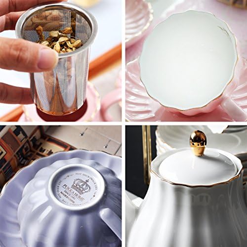 Sweejar Porcelain Tea Sets British Royal Series, 8 OZ Cups & Saucer Service for 6, with Teapot Sugar Bowl Cream Pitcher Teaspoons and Tea Strainer, Suitable for High Tea, Wedding, Party (Pink) - Image 4