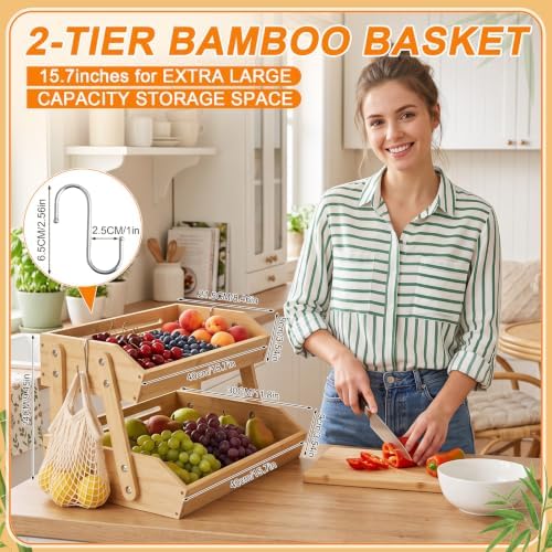 Marsui 2 Pcs 2 Tier 16" Bamboo Fruit Basket for Kitchen Counter, Wood - Image 2