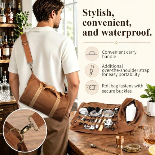 Portable Bartender Kit with Canvas Roll-Up Bag, Complete Cocktail Shaker Set & Stainless Steel Bar Tools for Home Bar, Camping, Parties and Travel - Image 4