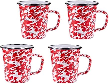 Golden Rabbit Enamelware Latte Coffee or Tea Mugs, 16 ounce, Red Swirl, Set of 4 by GoldenRabbitEnamelware