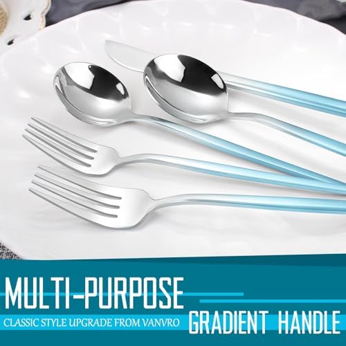 VANVRO Gradient Blue Silverware Set, 20 Piece Stainless Steel Flatware Set, Kitchen Utensil Set include Knife/Fork/Spoon,Cutlery Service for 4,Mirror Polished - Image 3