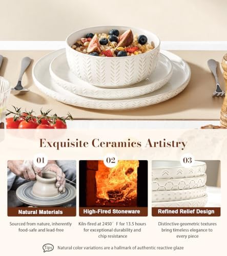 Lareina 18 Piece Dinnerware Sets for 6, Farmhouse Style Stoneware Plates and Bowls Sets, Embossed Boho Ceramic Dish Set, Scratch Resistant & Dishwasher Safe, Ivory White - Image 6