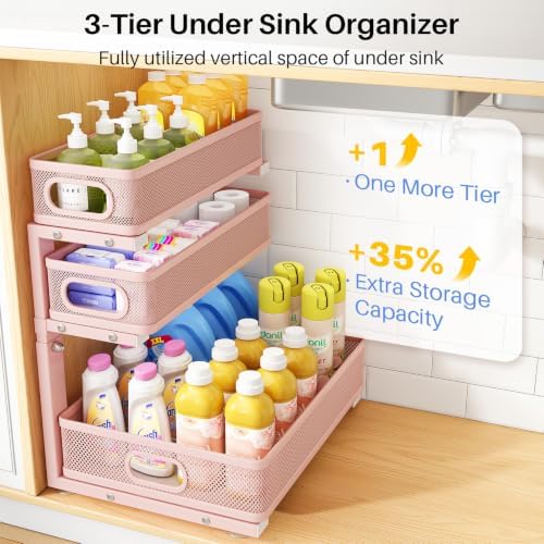 Under Sink Organizer, 3-Tier Thickened Metal Pull out Cabinet Organizer Shelf, Height Adjustable Slide out Storage Drawer Rack for Kitchen Bathroom Pantry Laundry Home Organization, 2-Pack, Pink - Image 3
