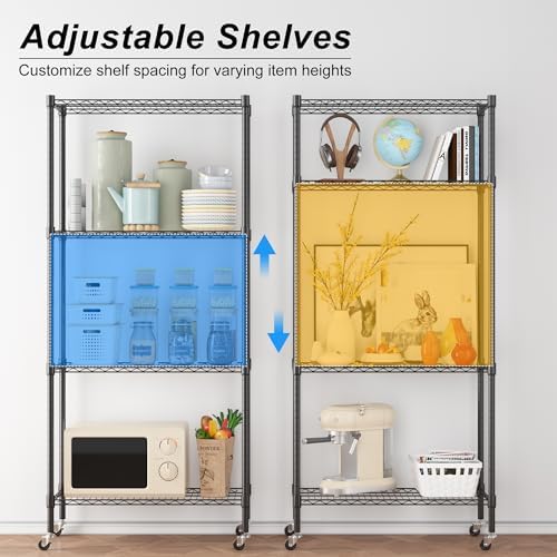 Homdox Heavy Duty 4-Tier Metal Shelving Unit with Adjustable Shelves, Rolling Storage Rack for Kitchen, Garage, Pantry, 29.92"x13.98"x74.41", Black - Image 4
