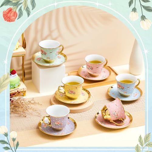 Teenyyou Set of 12 Tea Cups and Saucers, Vintage Style, 5.4 oz - Image 3