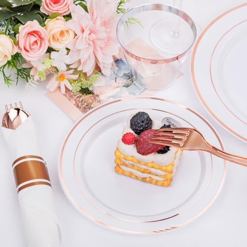 DaYammi 350PCS Rose Gold Plastic Dinnerware Set for 50 Guests, Plastic Plates for Party Include: 50 Dinner Plates, 50 Dessert plates,50 Pre Rolled Napkins with Rose Gold Silverware,50 Cups for Wedding - Image 5