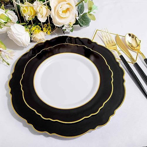 WDF 30Guest Black and Gold Plastic Plates - New Year Plates - Gold Plastic Silverware With Black Handle Baroque Black and Gold Disposable Dinnerware for New Year &Parties (Pack of 2) - Image 4