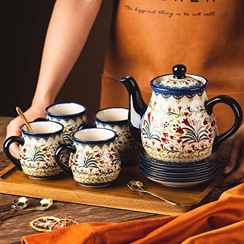 polish pottery style porcelain ceramic 10 piece Tea set,7.2oz tea cup and sauce set of 4,28.2oz teapot and 1wooden tray. (The tulip) - Image 4