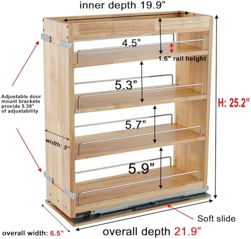 DINDON Pull Out Spice Rack Organizer for Cabinet, (5" W x 21.9" D x 25.2" H) Multi-Use Wood Pull Out Cabinet Organizer Slide Out Shelf Cabinet Storage for Kitchen, Pantry Organization - Image 3