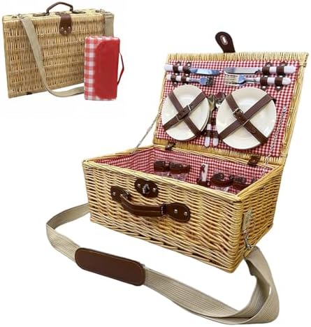 Multifunctional Wicker Picnic Basket Set for 4 Adults with Pink Blankets by OrgaNatureQueen