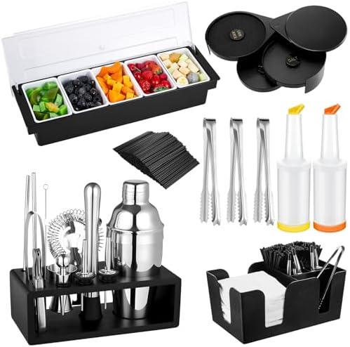 Mifoci 23 Pcs Bartender Supplies Kit Garnish Tray for Bartenders with Bar Caddy 3 Tier Salt Rimmer 13 Pcs Cocktail Shaker Set and Bar Accessory for Christmas Bartender Gifts Beginners(5 Compartments) by Mifoci
