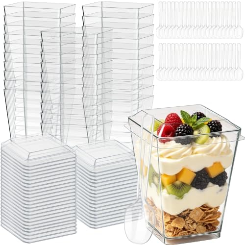 50 Pack 5oz Plastic Dessert Cups with Lids and Spoons, Clear Square by Unknown