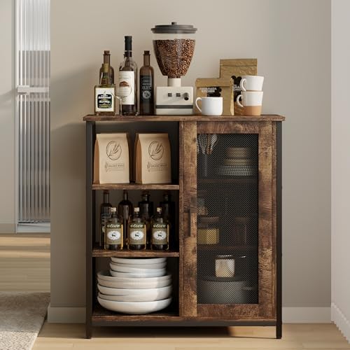 LVSOMT Coffee Bar Cabinet with Adjustable Shelves and Door, Rustic Brown - Image 3