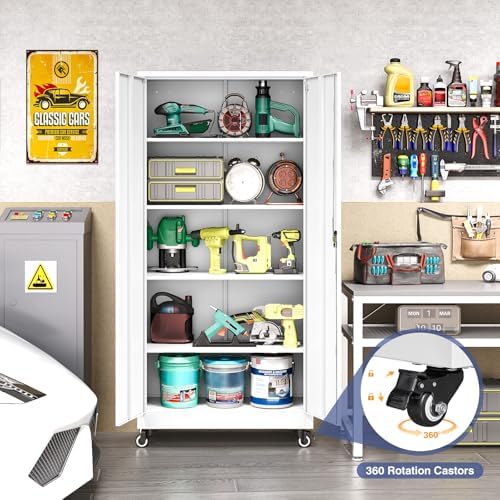 Metal Garage Storage Cabinet with Locking Doors and Adjustable Shelves, Wide & Deep Storage Cabinet on Wheels, 74.5" Rolling Tool Cabinet for Garage, Basement, Home Office - Image 4
